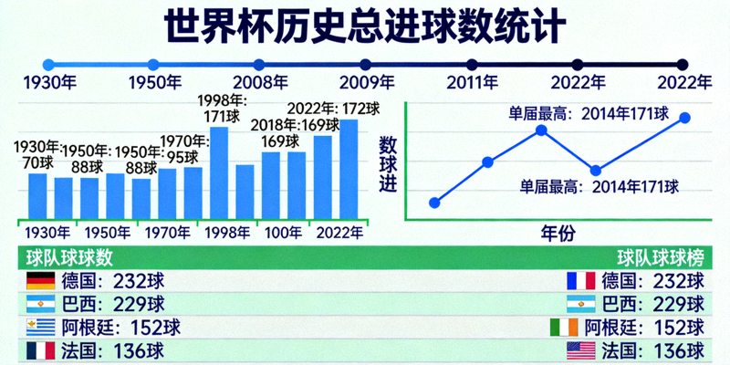 世界杯历史总进球数统计图表展示